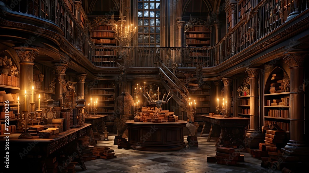 An old-world library, a sanctuary of wisdom, displaying shelves filled with ancient books. Vintage, scholarly ambiance, historic repository. Generated by AI.