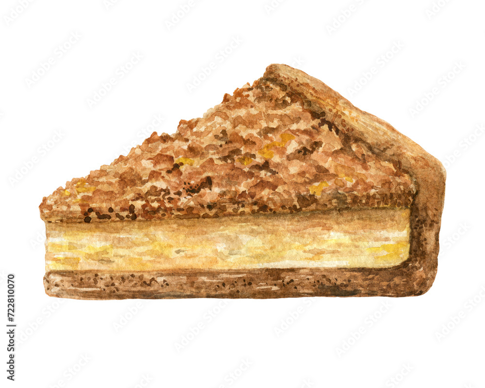 Piece of cake. Pastries drawn in watercolor, illustration for menu, label, packaging, bakery or cafe isolated on white background Piece of cake. Pastries drawn in watercolor, illustration for menu, label, packaging, bakery or cafe isolated on white background