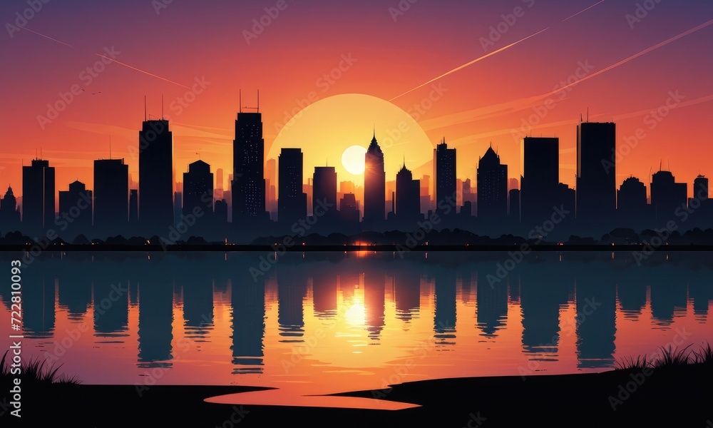 A cityscape bathed in the warm glow of the sunset by ai generated