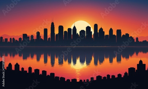 A cityscape bathed in the warm glow of the sunset by ai generated