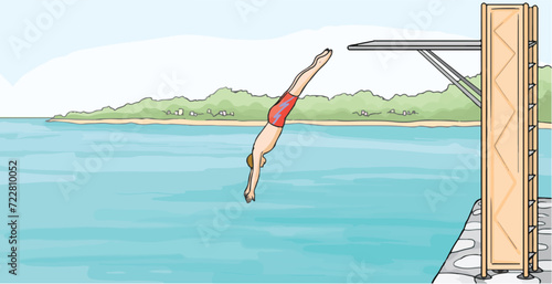 Swimmer jumping into the sea from a 90 degree springboard.