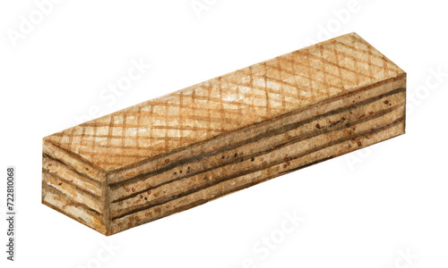 Crispy wafer with creamy layers. Pastries drawn in watercolor, illustration for menu, label, packaging, recipes, bakery or cafe isolated on white background