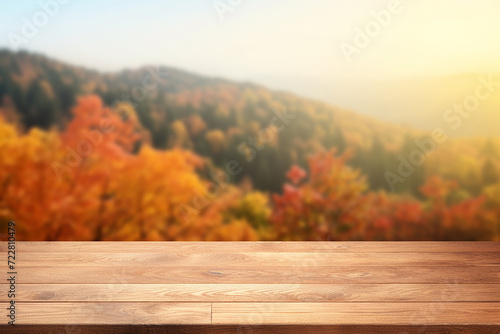 Generative AI Image of Nature Landscape Background with Empty Wooden Table in Autumn Season
