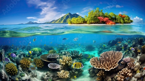 Coral reefs teeming with a diverse marine population, forming a breathtaking and colorful undersea panorama. Submerged biodiversity, marine wonderland. Generated by AI. © Anastasia