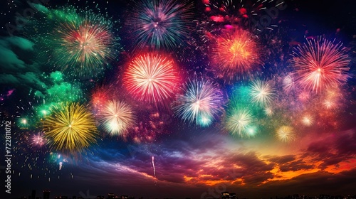 Night sky adorned with a myriad of colors, painting an awe-inspiring and dazzling display of celebration and light. Spectacular pyrotechnics, colorful night sky. Generated by AI.