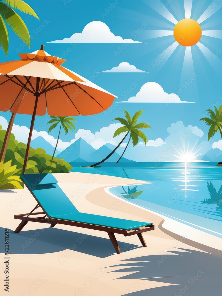 Obraz premium a landscape with a chaise lounge or sun lounger, a palm tree on the beach by ai generated