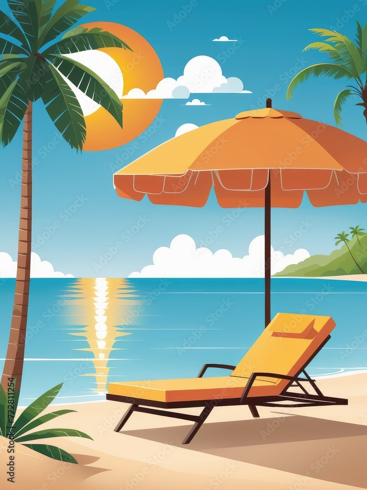 Obraz premium a landscape with a chaise lounge or sun lounger, a palm tree on the beach by ai generated