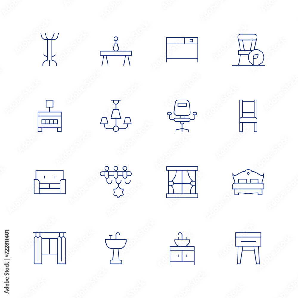 Furniture line icon set on transparent background with editable stroke. Containing coatrack, nightstand, sofa, window, table, chandelier, clotheshanger, sink, desk, deskchair, curtain, woodenchair.