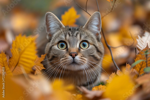 A ginger cat sits in a pile of fallen leaves in the forest