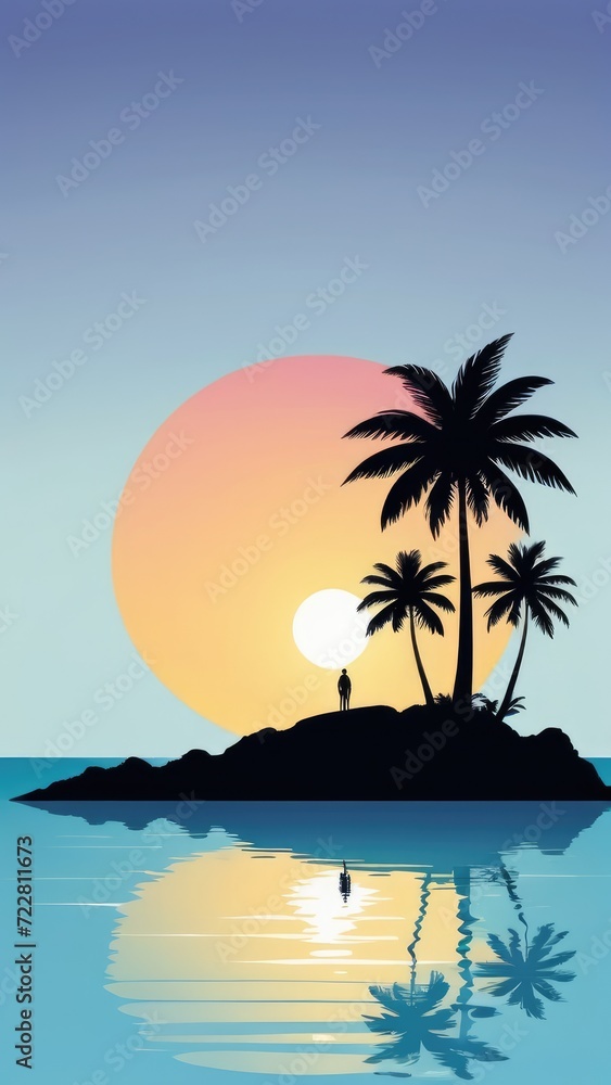 a natural summer sunset on an island. Background featuring a digital depiction of the scenic landscape by ai generated