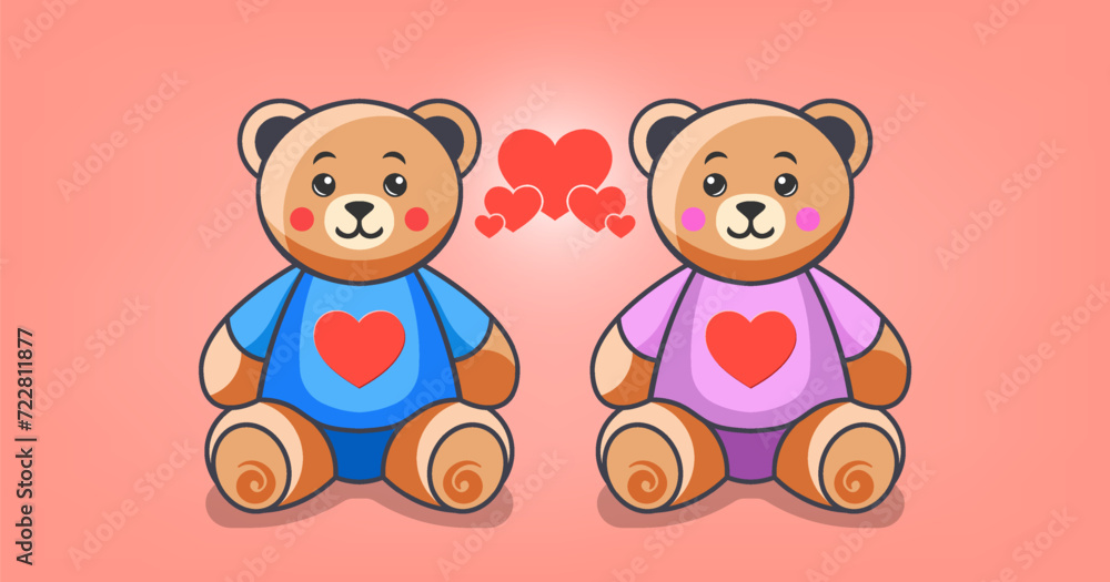 Vector holiday greeting card. Cute beautiful plush sitting Teddy bear toys. Little boy and girl. Red hearts, feelings and love. Happy Valentines day. Wedding poster. Delicate peach background. Vector holiday greeting card. Cute beautiful plush sitting Teddy bear toys. Little boy and girl. Red hearts, feelings and love. Happy Valentines day. Wedding poster. Delicate peach background.