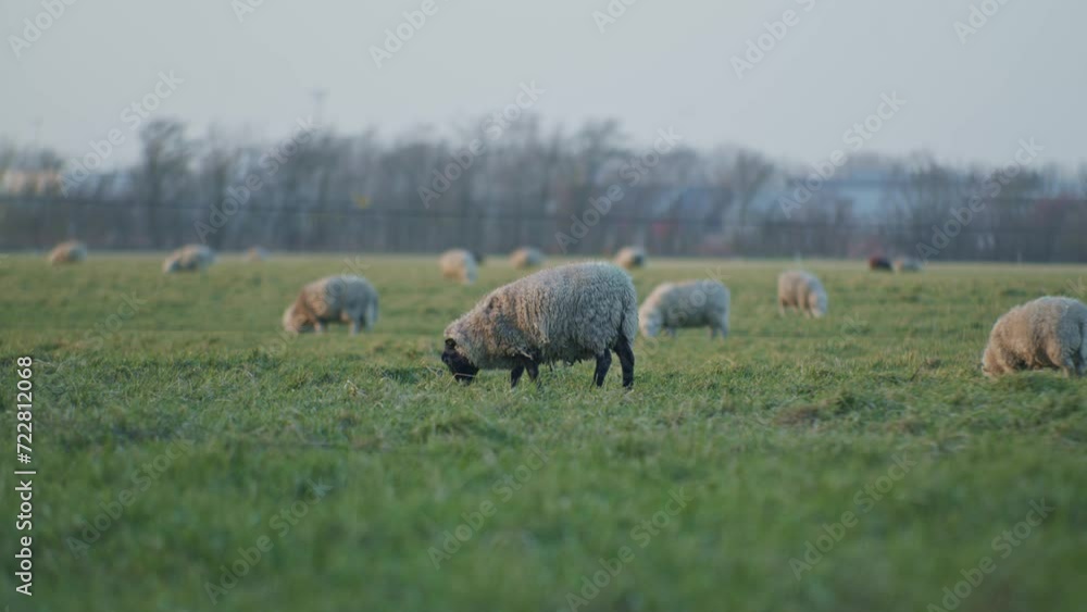 a black dolly sheep livestock animal grazing on a meadow field at the daytime eating grass with wide angle view. Wildlife nature footage video reel a black dolly sheep livestock animal grazing on a meadow field at the daytime eating grass with wide angle view. Wildlife nature footage video reel