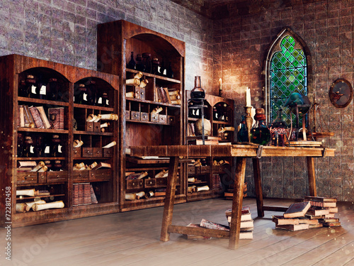 Fantasy scene with room with bookshelves and books lying on the floor, and a table with alchemical equipment and tools. No AI used. The image is not a real place  - it's a set of 3d objects.