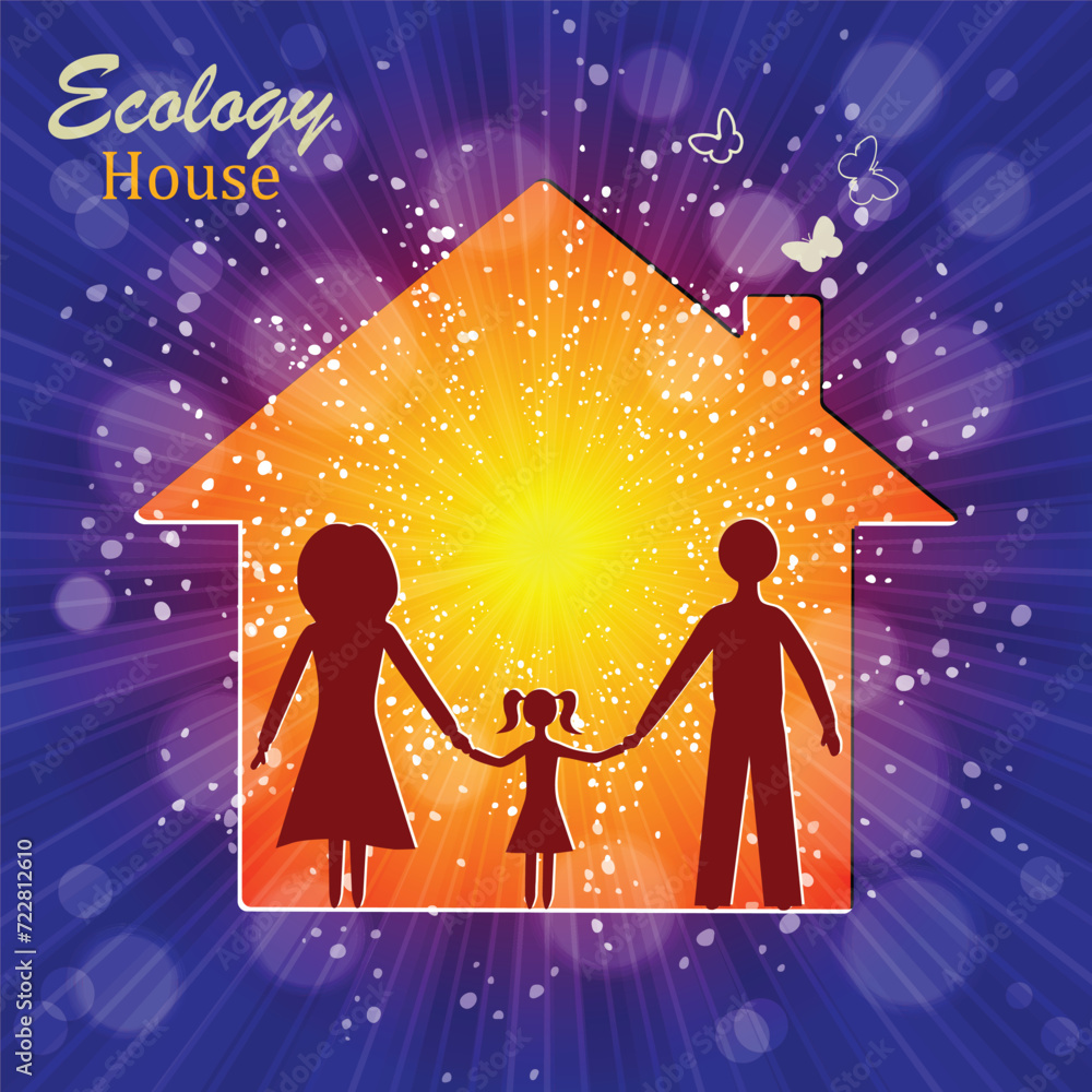 Fototapeta premium A happy family couple with children standing together in front of their house. Vector illustration for home, real estate, residential area concept. Sun Sunburst Pattern.
