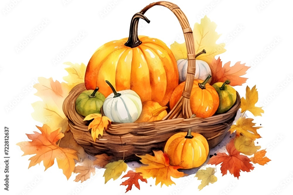 Basket with pumpkins and autumn leaves. Watercolor hand drawn illustration Basket with pumpkins and autumn leaves. Watercolor hand drawn illustration