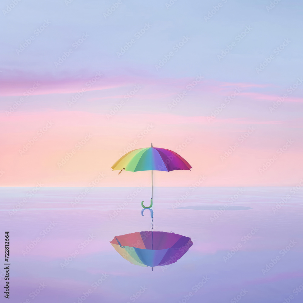 Minimalist Pink Sky with Reflective Multicolored Umbrella: A Study in Calm and Reflection