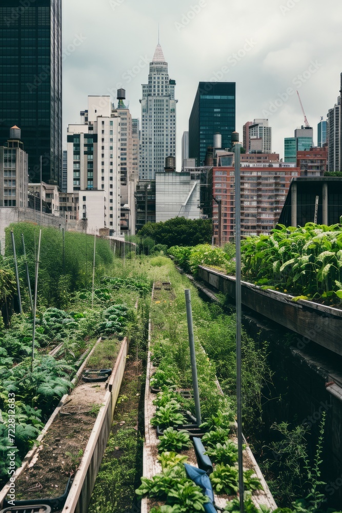 Fototapeta premium Urban Greenhouse Garden with Lush Vegetation Amidst City Towers