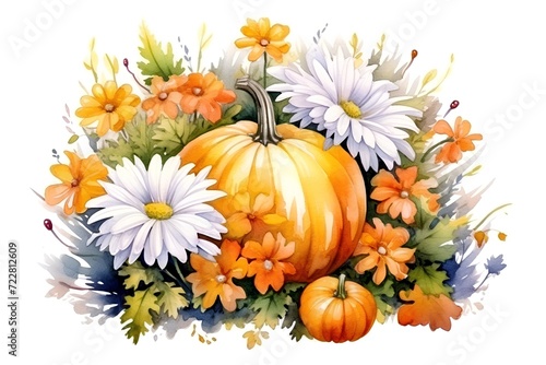 Watercolor autumn floral composition with pumpkins and flowers. Hand painted illustration