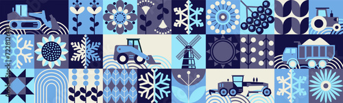 Winter pattern. Simple geometric shapes. Textile background of snow removal equipment, snowflakes, frost, cold, pies, winter berries and flowers.