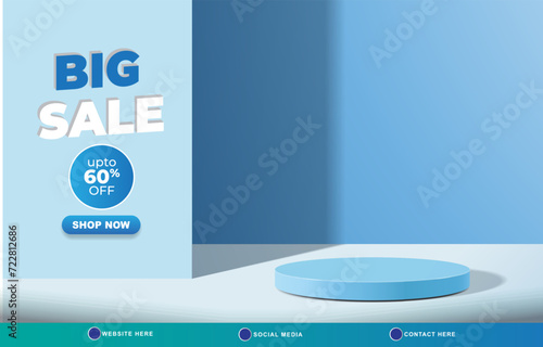 big sale discount template banner with copy space 3d podium for product sale with abstract gradient blue and white background design