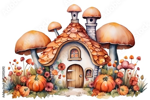 Watercolor house with mushrooms and pumpkins on a white background.