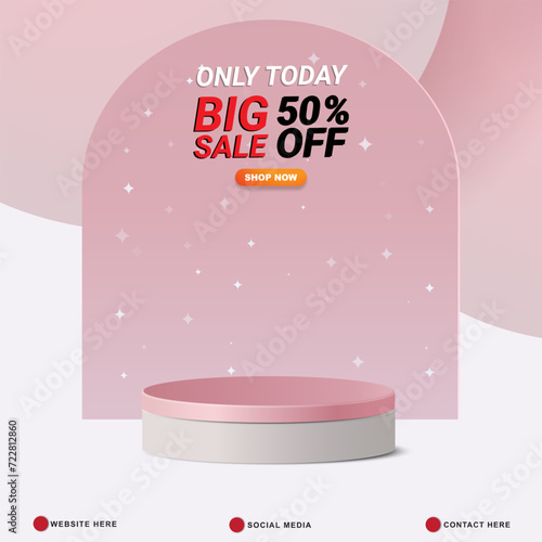 big sale discount template banner with copy space 3d podium for product sale with abstract gradient pink and white background design