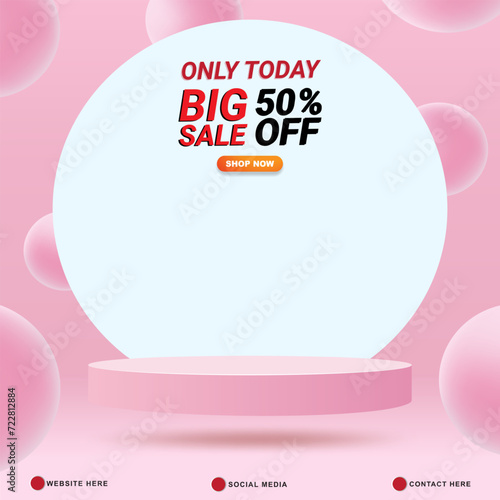 big sale discount template banner with copy space 3d podium for product sale with abstract gradient pink and white background design