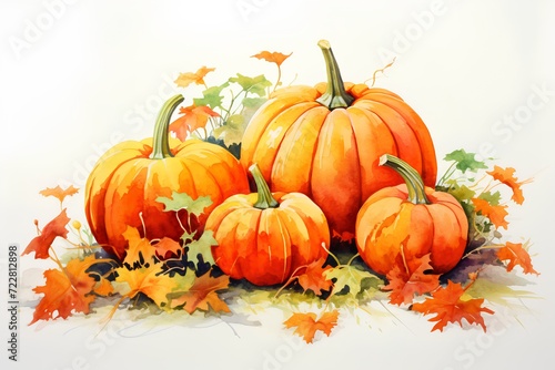 Pumpkins with autumn leaves on white background. Vector illustration.