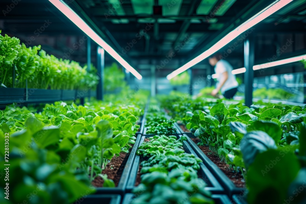 Person Cultivating Dense Leafy Greens in a Modern Indoor Farm Facility