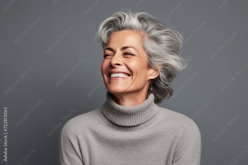Portrait of a happy senior woman with grey hair laughing against grey background Portrait of a happy senior woman with grey hair laughing against grey background