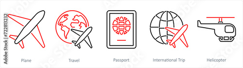 A set of 5 Mix icons as plane, travel, passport