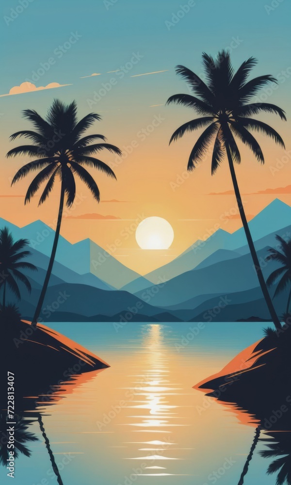 As the sun sets, palm trees silhouette against the warm hues of the sky by ai generated