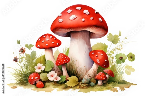 Red fly agaric mushrooms in the grass. Watercolor illustration