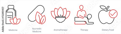 A set of 5 Mix icons as medicine, ayurvedic medicine, aromatherapy