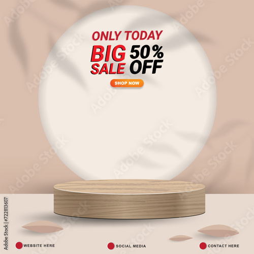 big sale discount template banner with copy space 3d podium for product sale with abstract gradient brown and white background design