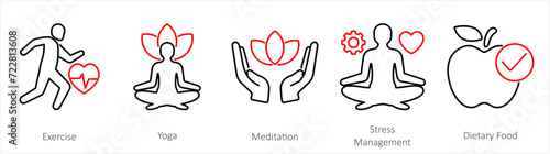 A set of 5 Mix icons as exercise, yoga, medidation photo