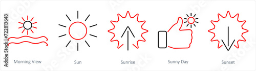 A set of 5 Mix icons as morning view, sun, sunrise