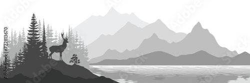 Black and white mountain landscape, deer on the shore of a mountain lake, panoramic view, vector illustration
