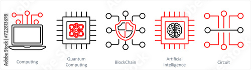 A set of 5 Mix icons as computing, quantum computing, block chain