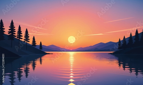 Illustration of a lakeside landscape during sunset by ai generated