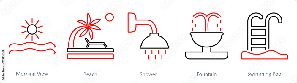 A set of 5 mix icons as morning view, beach, shower A set of 5 mix icons as morning view, beach, shower