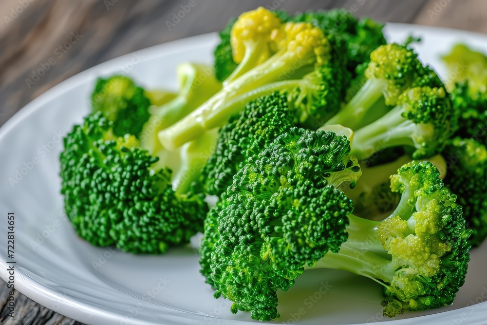 Steamed broccoli on white restaurant plate isolated. Green asparagus cabbage cooked on steam Steamed broccoli on white restaurant plate isolated. Green asparagus cabbage cooked on steam
