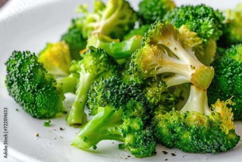 Steamed broccoli on white restaurant plate isolated. Green asparagus cabbage cooked on steam photo