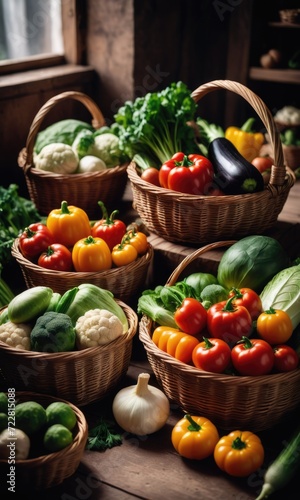 Various types of vegetables arranged in baskets on the table by ai generated
