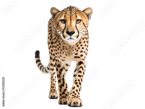 a cheetah walking on a white background