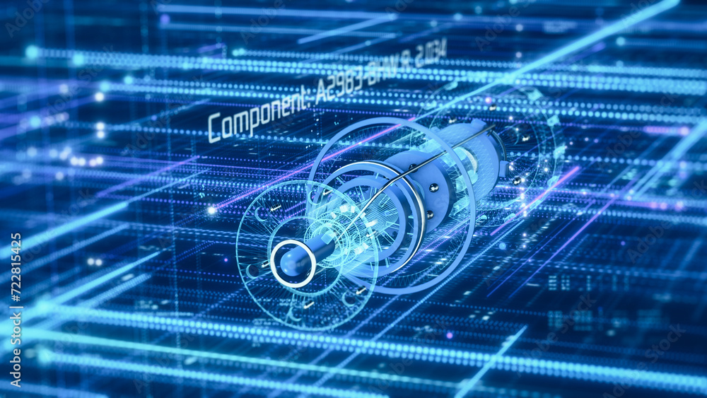 Fototapeta premium Futuristic software interface, industrial automation technology, mechanical component project with ai integration, technology innovation (3d render)