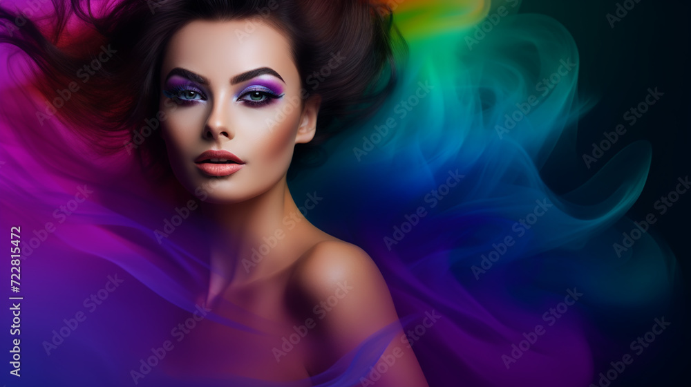 Passioned. Portrait of female fashion model in neon light on dark studio background with smoke. Passioned. Portrait of female fashion model in neon light on dark studio background with smoke.