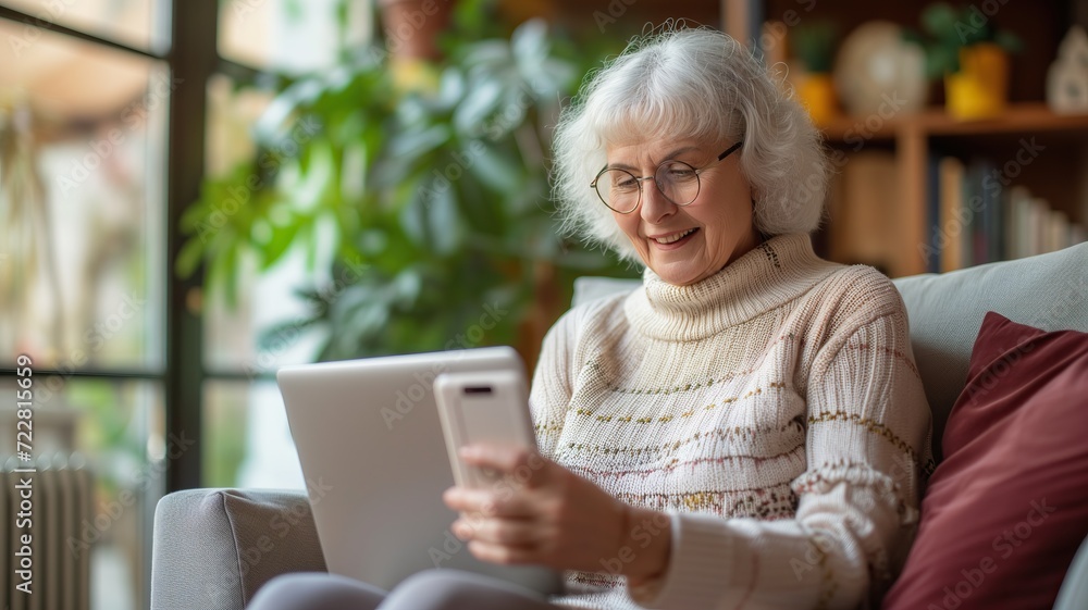 Happy senior woman using mobile phone for shopping online while using laptop.generative ai Happy senior woman using mobile phone for shopping online while using laptop.generative ai