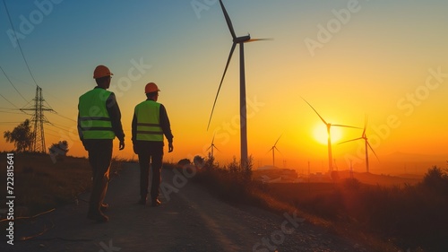 two engineer walking at wind farm. generative ai