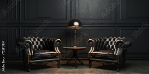 Modern classic black interior with capitone brown leather chester sofa, floor lamp. Generative Ai